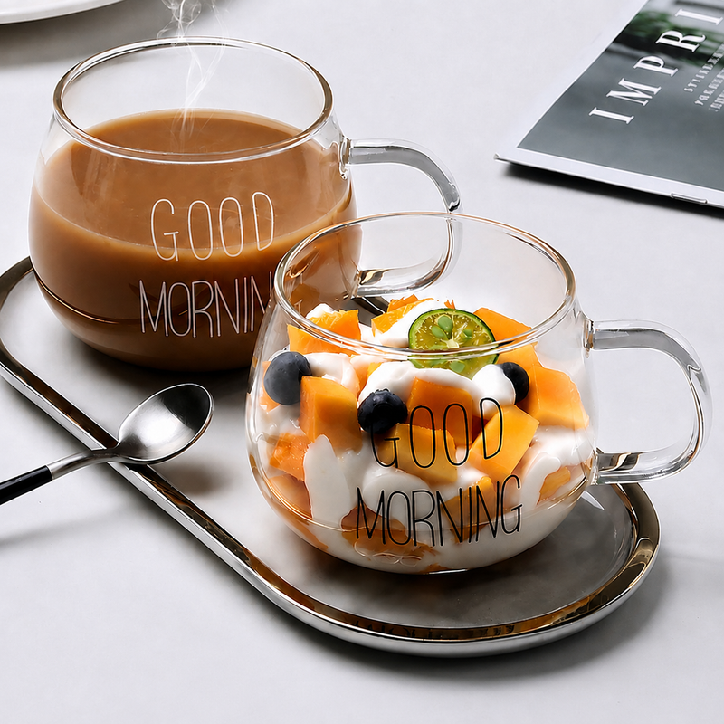 Kit 2 Canecas Good Morning de Vidro 400ml – Para Café e Chá