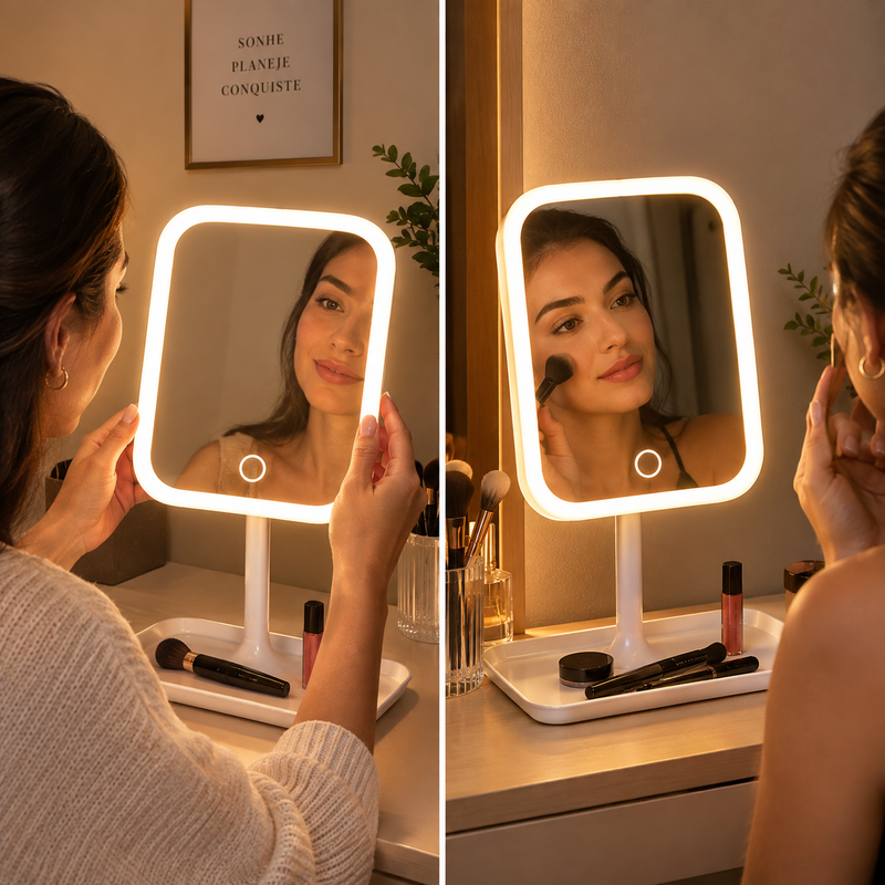 Espelho de Mesa com Luz LED – Redondo ou Quadrado